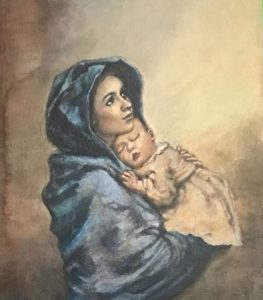 Figurative historical acrylic painting of the Madonna Mary after painting by Roberto Ferruzzi The Madonna of the Streets